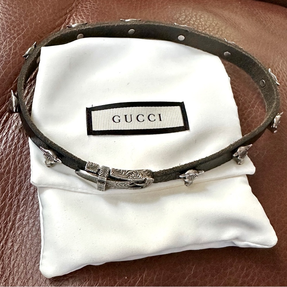Gucci sterling silver anger forest bull head black leather choker/ double wrap - Picture 3 of 15